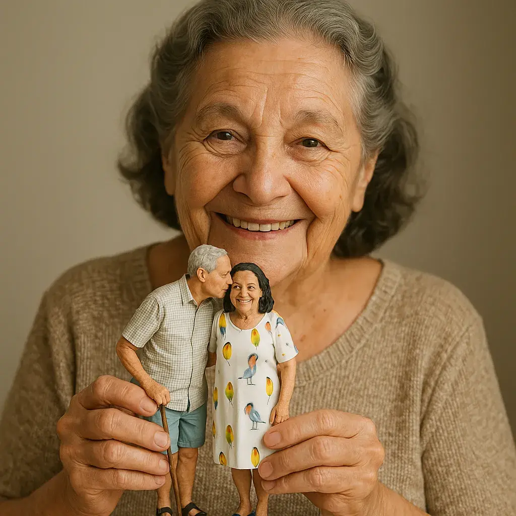 Dona Luiza sorrindo e segurando duas esculturas em miniatura de um casal, mostrando o carinho e dedicação em seu trabalho artesanal